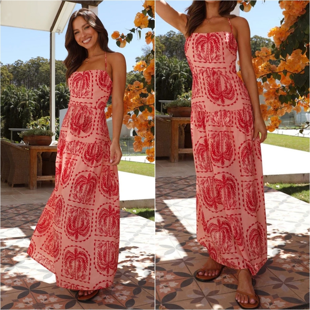 Swaying Palms Maxi Dress  - Coral